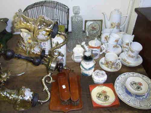 Three-branch Light fitting, Glass Decanter and Six Tumblers, Continental Coffee Service, Bird Cage