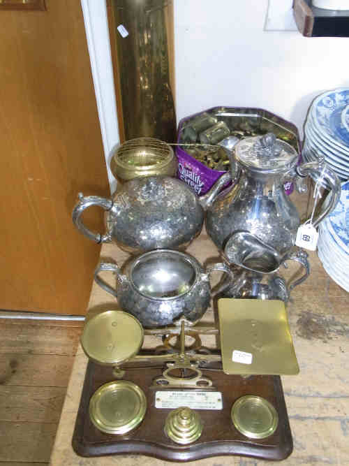 Set of Postal Scales, Four-piece Plated Tea Service and Various Brass