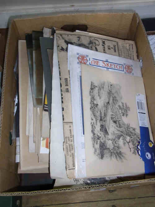 Box of Assorted Paintings, Prints, Cigarette Cards etc.