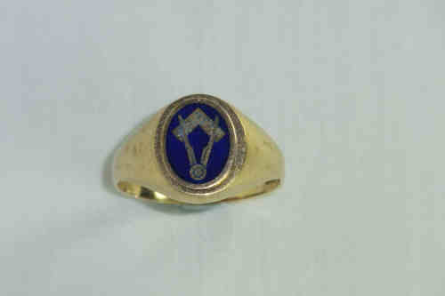 Gents 9ct Gold Blue Enamel Turning Top Masonic Signet Ring
