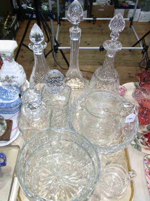 Tray of Crystal Glass Decanters, Bowls and Jugs