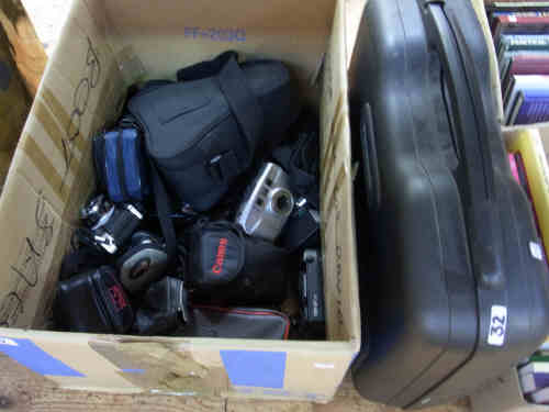 Panasonic Video Camera and Box of Assorted Cameras