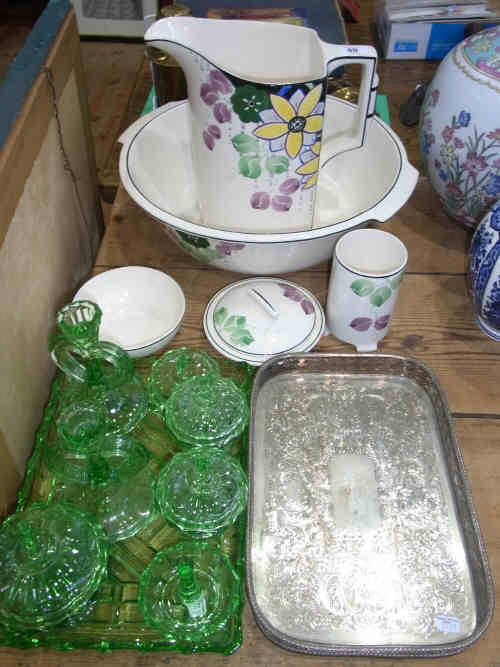 Five Piece Pottery Jug and Basin Set, Green Glass Trinket Set, Silver Plated Tray