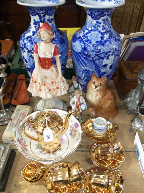 Large Pair of Chinese Blue and White Vases, Dux Figure, Wade Gilt Coffee Set, Beswick Cat etc