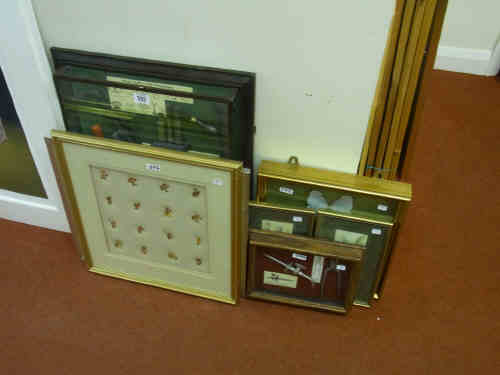 Framed Metal Gamekeeper Implements, Butterflies, Badges etc. (7)