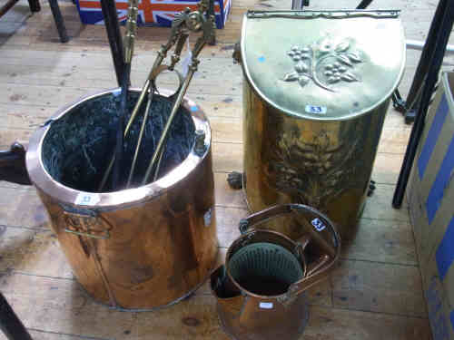 Victorian Embossed Brass Coal Box, Three Fire Irons, Copper Jug and Container