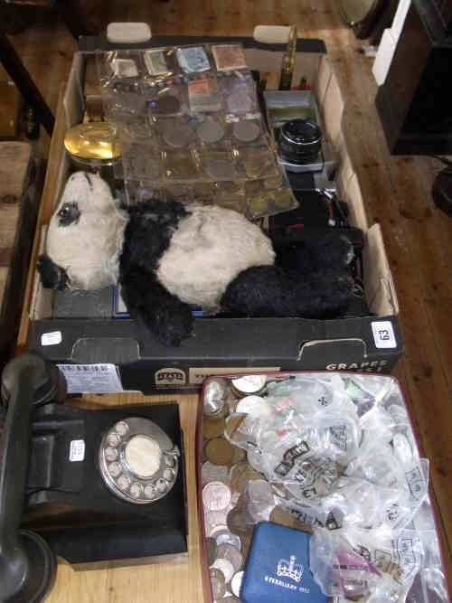 Vintage Telephone, Box of Coinage, Panda, Wrist Watches, Cameras, Five Ornate Silver Teaspoons etc