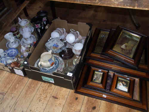 Seven Framed Prints and Two Boxes of Assorted Ceramics including Hummel Figure, Copper Lustre Jug,