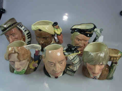 Six Royal Doulton Character Jugs 'Othello', 'Romeo', 'Hamlet', 'Jimmy Durante', 'Alfred Hitchcock'