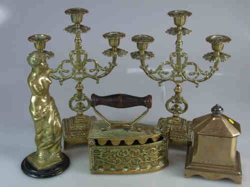 Pair of Brass Candelabra, Brass Tobacco Box, Flat Iron and a Classical Figure (5)