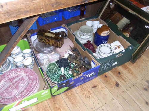 Victorian Mirror, Box and Case of Records, Four Lowery Prints, Three Boxes of Teaware, Six Royal