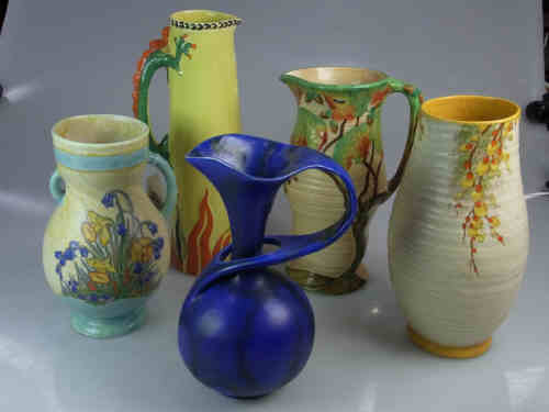 Bretby Blue Jug, Crown Devon Vase, Crown Ducal Vase, Carlton Ware Jug and Bishop Dragon Handle