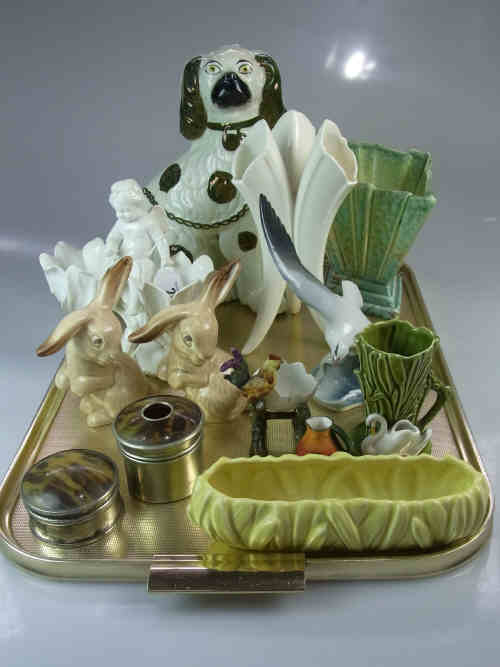 Staffordshire Pottery Dog, Pair of Sylvac Hares, Swan Vase and Flower Holder, Continental Cherub