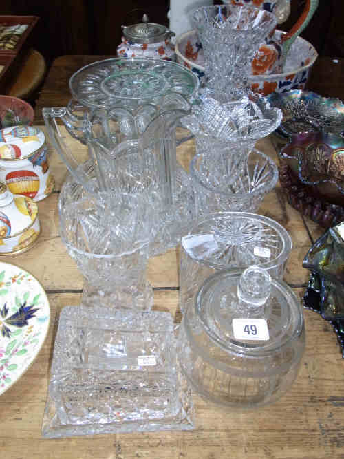 Five Cut Glass Vases, Two Biscuit Barrels, Cheese Dish etc