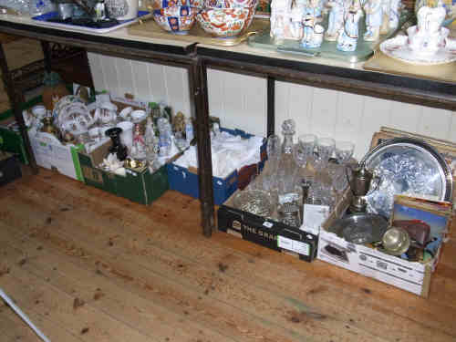 Six Boxes of Figurines, Colclough, Royal Stafford and Other Teaware, Soft Goods, Cut Glass Wine