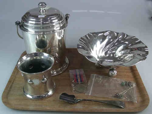 Silver Plated Ice Bucket, Vase, Bowl, 1939-1945 Medal etc
