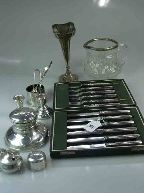 Silver Capstan Pattern Inkwell, Pair Dwarf Candlesticks, Vase, Condiments, Cased Set of Six Fruit