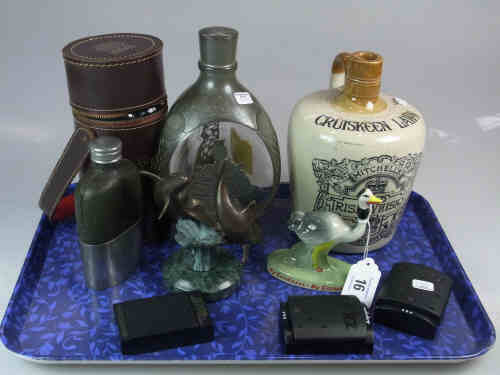 Three Zippo Cigarette Lighters, Two Hip Flasks, Dimple Decanter, Whisky Jar etc