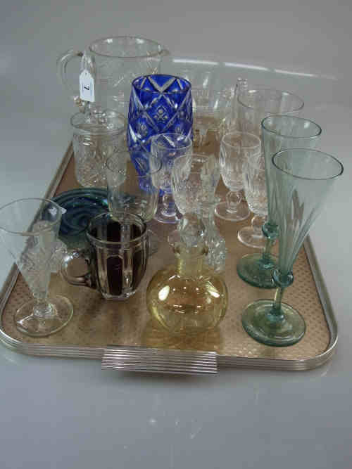 A Quantity of Drinking Glasses, Water Jug, Blue Cut Glass Vase etc