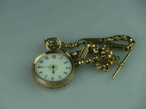 Victorian 9ct Gold Fancy Link Watch Chain with a Late Victorian 9ct Gold Keyless Pocket Watch, Gross