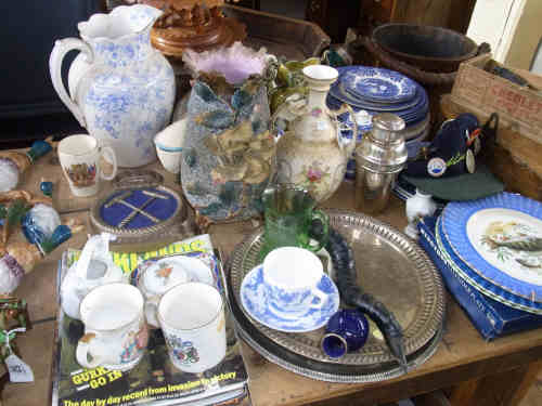 Pair of Pottery Dogs, Vases, Blue and White and Collectors Plates, Two Silver Plated Trays, Metal