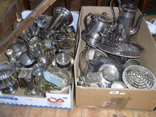 Two Boxes of Silver Plated Ware including Teapots, Coffee Pots, Candlesticks etc