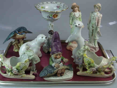 Pair of Continental Parian Figures, Hummel Dwarf with Trout, Pair of Continental Sleighs with