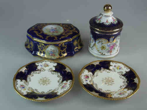 Two Coalport Plates, Roselle & Co. Decorated Lidded Jar and Box (4)