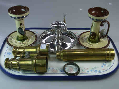 Silver Plated Chamber Candlestick, Pair of Brass Binoculars, Brass Telescope and a Pair of Torquay