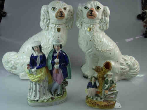 Pair of Victorian Staffordshire Pottery Dogs and Two Staffordshire Groups
