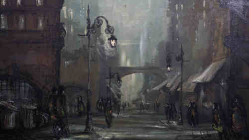 Ben Maile (b.1922),
Town scene at night,
signed lower right,
oil on board,
framed.
55cm by 99cm