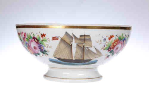 An English bone china centre bowl, late Regency, the interior hand painted with floral sprays, the