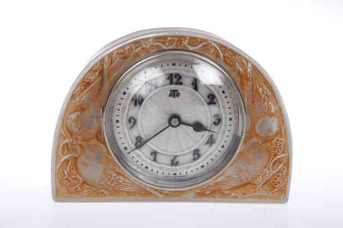 A Lalique "Moineaux" mantel clock, the circular silvered dial cast with leaves to the centre and