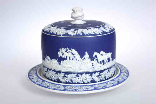 A 19th century blue jasper cheese dome and underplate, almost certainly Adams, the cover decorated