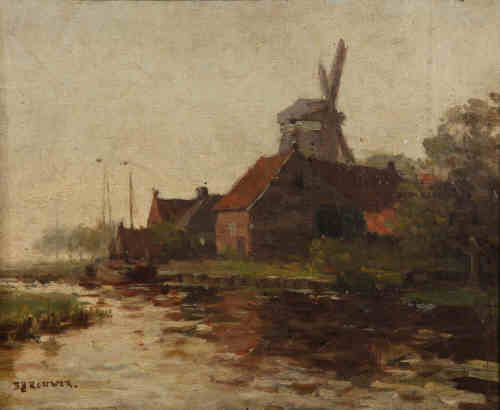 Berend Jan Brouwer (Dutch, 1872-1936), 
Windmill by the canal,
signed lower left, 
oil on canvas,