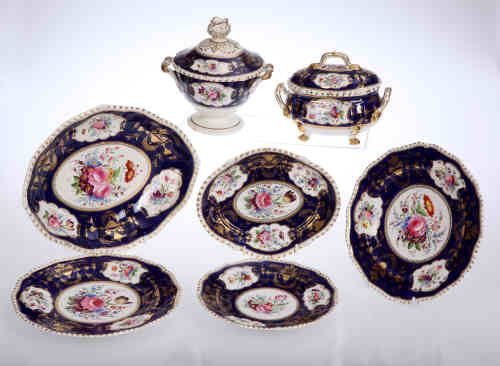 A group of Bloor Derby table wares, comprising two tureens, two oval shallow dishes, tureen base (