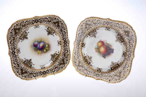 A pair of Royal Worcester fruit painted plates, painted by Bee and Ayrton, each square with