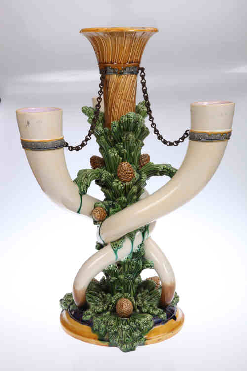 An imposing and unusual 19th century majolica centrepiece, probably Continental, the three