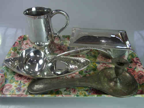 Silver Plated Tankard, Chamber Stick, Two Snuffer Trays, Ladle and Cigarette Box