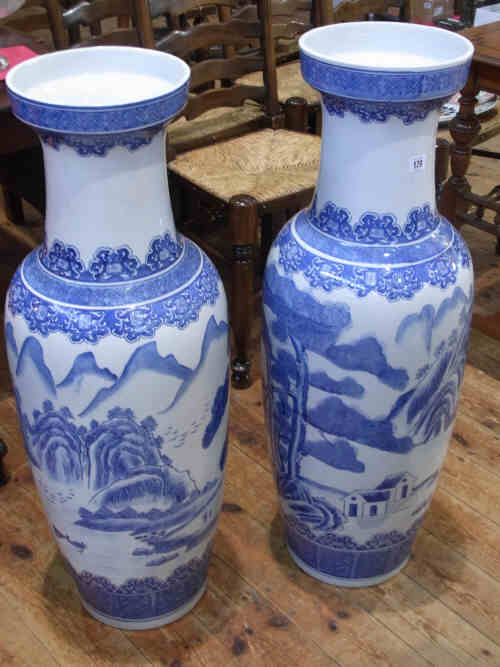 Pair of Large Blue and White Vases with Landscape Decoration, 93cm