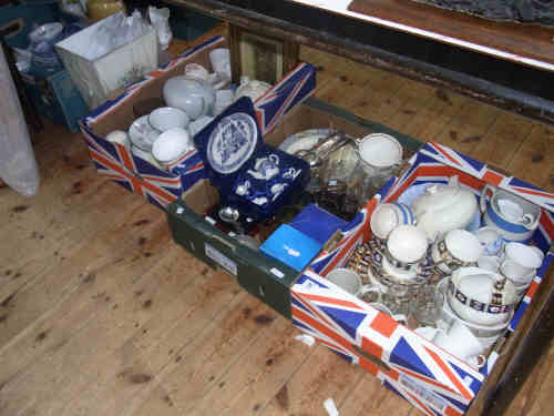 Four Boxes of Prints, Assorted Glass and China Ornaments, Teaware and Silver Plated Cutlery etc