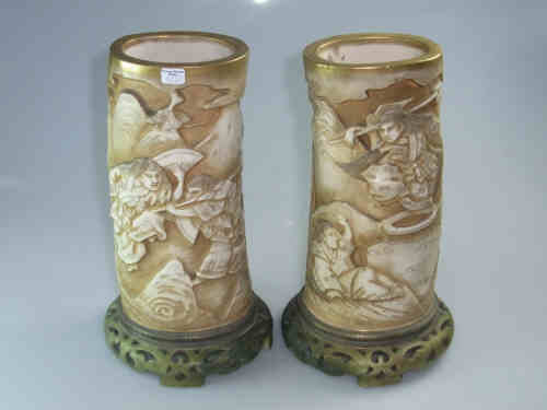 Pair of Continental Carved Ivory Tusk Style Porcelain Vases, with figural decoration, impressed n.