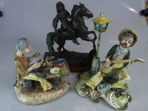 Bronzed Figure of a Cavalier on Horseback and Two Capo Di Monte Figures (3)