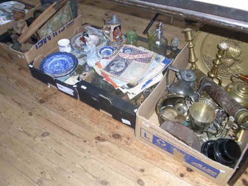 Four Boxes of Brassware, Glassware, Sheet Music, Telescope, Parasol, Mantel Clock, Beer Steins,