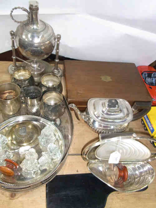 Collection of Silver Plated Ware including Spirit Flask, Oval Tray, Goblets etc