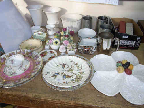 Two Wedgwood Vases, Seven Posies, Royal Doulton Bunnykins Bowl, Decorative Plates, Plated Tankard,