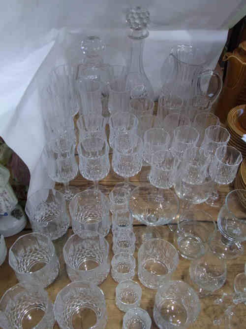 Two Crystal Decanters, Water Jug, Wine Glasses, Tumblers, Champagne Flutes etc