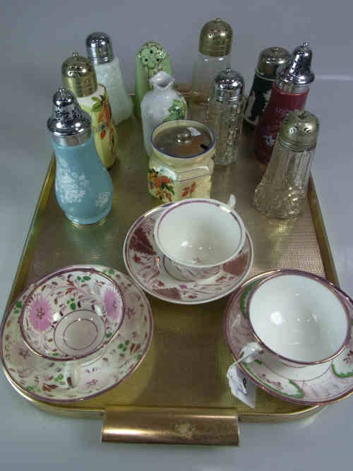 Three Lustre Ware Cups and Saucers and a Collection of Glass and Pottery Sugar Sifters