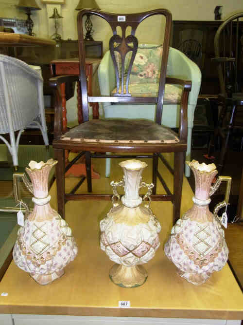 Edwardian Inlaid Mahogany Elbow Chair and Garniture of Floral Decorated Ewers and Vase (4)