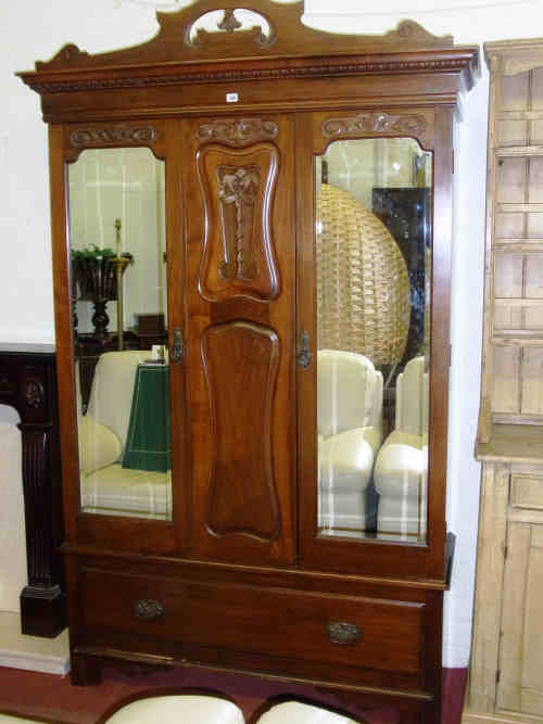 Late Victorian Carved Walnut Double Mirror Door Wardrobe